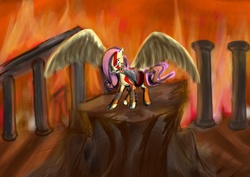 Size: 3600x2552 | Tagged: safe, artist:gunslingerpen, fluttershy, pegasus, pony, g4, crossover, female, fire, flutterrage, god of war, high res, kratos, mare, mouth hold, photoshop, ruins, solo, spread wings, weapon, wings