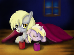 Size: 1024x768 | Tagged: safe, artist:gunslingerpen, derpy hooves, dinky hooves, pegasus, pony, unicorn, g4, blanket, duo, duo female, equestria's best mother, family, female, filly, mare, mug, photoshop, prone, sleeping