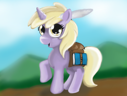 Size: 1024x768 | Tagged: safe, artist:gunslingerpen, dinky hooves, pony, unicorn, g4, book, feather, female, filly, photoshop, raised hoof, saddle bag, solo