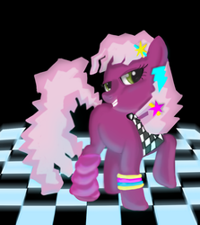 Size: 1200x1346 | Tagged: safe, artist:gunslingerpen, cheerilee, earth pony, pony, g4, 80s, 80s cheerilee, armband, checkered floor, disco, ear piercing, earring, female, jewelry, leg warmers, lidded eyes, mare, photoshop, piercing, smiling, solo