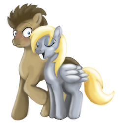 Size: 749x768 | Tagged: safe, artist:gunslingerpen, derpy hooves, doctor whooves, time turner, earth pony, pegasus, pony, g4, blushing, eyes closed, female, male, mare, photoshop, ship:doctorderpy, shipping, simple background, stallion, straight, surprised, white background