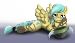 Size: 1440x835 | Tagged: safe, artist:gunslingerpen, sunshower raindrops, pegasus, pony, g4, bedroom eyes, braided tail, costume, female, gradient background, helmet, looking at you, mare, nightmare night, photoshop, prone, sandals, smiling, solo, spread wings, sultry pose, viking, wingboner