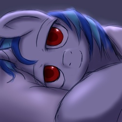 Size: 1200x1200 | Tagged: dead source, safe, artist:swaetshrit, dj pon-3, vinyl scratch, pony, unicorn, g4, bed, close-up, female, looking at you, mare, paint tool sai, red eyes, solo, wrong eye color