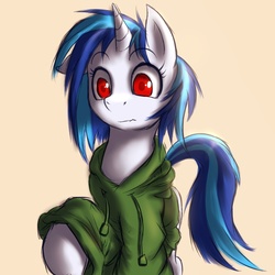 Size: 1600x1600 | Tagged: dead source, safe, artist:swaetshrit, dj pon-3, vinyl scratch, pony, unicorn, g4, clothes, female, hoodie, mare, missing accessory, paint tool sai, simple background, solo, wrong eye color