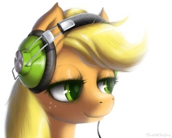 Size: 2000x1600 | Tagged: dead source, safe, artist:swaetshrit, applejack, earth pony, pony, g4, bust, colored pupils, female, hatless, headphones, mare, missing accessory, paint tool sai, portrait, simple background, solo, white background