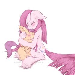 Size: 1600x1600 | Tagged: dead source, safe, artist:swaetshrit, pinkie pie, scootaloo, earth pony, pegasus, pony, g4, crying, duo, duo female, eyes closed, female, filly, floppy ears, hug, lesbian, mare, paint tool sai, pinkamena diane pie, sad, scootalove, scootapie, shipping, simple background, white background
