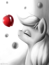 Size: 1200x1600 | Tagged: dead source, safe, artist:swaetshrit, applejack, earth pony, pony, g4, apple, eyes closed, female, grayscale, hatless, mare, missing accessory, monochrome, paint tool sai, partial color, solo, that pony sure does love apples