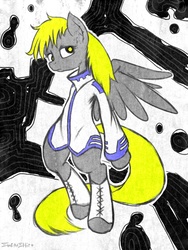 Size: 1200x1600 | Tagged: dead source, safe, artist:swaetshrit, derpy hooves, pegasus, pony, g4, abstract background, bipedal, clothes, female, mare, paint tool sai, sad, solo