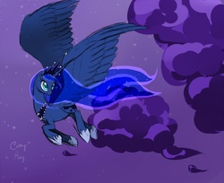 Size: 1225x1000 | Tagged: safe, artist:celerypony, princess luna, alicorn, pony, g4, cloud, cloudy, female, flying, long mane, long tail, looking back, mare, night, paint tool sai, solo, stars, tail, windswept mane, windswept tail