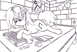 Size: 3000x2000 | Tagged: source needed, useless source url, safe, artist:everysecondshelf, dj pon-3, vinyl scratch, pony, unicorn, g4, bed, book, female, headphones, high res, mare, monochrome, prone, simple background, solo, white background