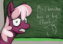 Size: 1280x896 | Tagged: dead source, safe, artist:zirbronium, cheerilee, earth pony, pony, g4, angry, butt, chalkboard, female, flank, flowerbutt, mare, plot, solo