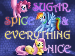 Size: 864x648 | Tagged: dead source, safe, artist:pluckyninja, fluttershy, pinkie pie, rainbow dash, earth pony, pegasus, pony, g4, abstract background, female, first the powerpuff girls picture on derpibooru, mare, photoshop, pink text, rainbow text, reference, text, the powerpuff girls, trio, trio female, yellow text