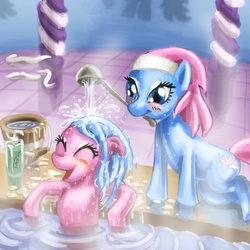 Size: 1650x1650 | Tagged: dead source, safe, artist:pluckyninja, aloe, lotus blossom, earth pony, pony, g4, bath, blushing, duo, duo female, eyes closed, female, mare, mouth hold, photoshop, siblings, sisters, spa, spa twins, water, wet, wet mane