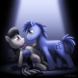 Size: 1080x1080 | Tagged: dead source, safe, artist:pluckyninja, blues, noteworthy, octavia melody, earth pony, pony, g4, blushing, dancing, eye contact, female, looking at each other, male, mare, notetavia, photoshop, rarepair, shipping, spotlight, stallion, straight