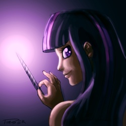 Size: 1000x1000 | Tagged: dead source, safe, artist:pluckyninja, twilight sparkle, human, g4, female, horn wand, humanized, looking back, magic, photoshop, solo, wand