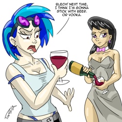 Size: 1000x1000 | Tagged: dead source, safe, artist:pluckyninja, dj pon-3, octavia melody, vinyl scratch, human, alcohol, bottle, bowtie, breasts, busty octavia melody, busty vinyl scratch, cheap, cleavage, clothes, dialogue, disgusted, duo, duo female, female, glass, glasses, goggles, humanized, open mouth, photoshop, red eyes, shirt, side slit, simple background, tongue out, white background, wine