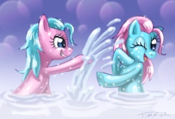 Size: 1468x1000 | Tagged: dead source, safe, artist:pluckyninja, aloe, lotus blossom, earth pony, pony, g4, bath, duo, duo female, female, mare, photoshop, playing, siblings, sisters, spa twins, twins, water, wet mane
