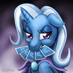 Size: 1080x1080 | Tagged: dead source, safe, artist:pluckyninja, trixie, pony, unicorn, g4, abstract background, bust, card, female, floppy ears, grin, mare, mouth hold, photoshop, smiling, solo