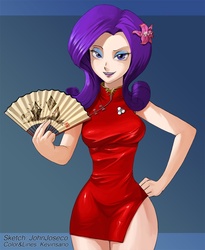 Size: 900x1098 | Tagged: safe, artist:johnjoseco, artist:kevinsano, rarity, human, abstract background, breasts, busty rarity, cheongsam, clothes, curvy, dress, fan, female, hand fan, humanized, minidress, photoshop, red dress, side slit, skinny, solo, vacuum sealed clothing, wide hips