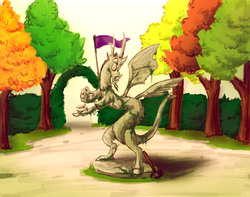 Size: 1368x1080 | Tagged: safe, artist:hawtkoffee, discord, draconequus, g4, the return of harmony, commission, garden, male, petrification, photoshop, sledgehammer, solo, statue, statue discord, stone, tree