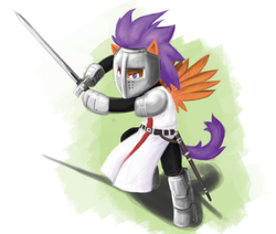 Size: 763x648 | Tagged: dead source, safe, artist:hawtkoffee, scootaloo, pony, semi-anthro, armor, bipedal, crusader, fantasy class, female, knight, paladin, palindrome get, photoshop, solo, sword, tabard, warrior, weapon