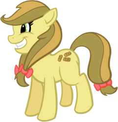 Size: 518x538 | Tagged: dead source, safe, artist:sir-dangereaux, apple strudely, earth pony, pony, g4, apple family member, female, grin, mare, newbie artist training grounds, photoshop, simple background, solo, transparent background