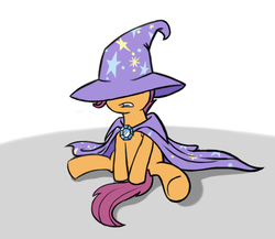 Size: 682x592 | Tagged: dead source, safe, artist:sir-dangereaux, scootaloo, pegasus, pony, g4, accessory swap, cape, clothes, cosplay, costume, female, filly, hat, newbie artist training grounds, sitting, solo, the great and powerful, trixie's cape, trixie's hat