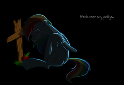 Size: 1079x741 | Tagged: dead source, safe, artist:sir-dangereaux, rainbow dash, pegasus, pony, g4, apple, black background, crying, death, female, implied applejack, mare, newbie artist training grounds, photoshop, sad, simple background, sitting, solo, wings