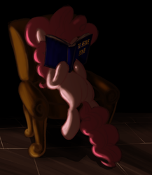Size: 1014x1168 | Tagged: dead source, safe, artist:sir-dangereaux, pinkie pie, earth pony, pony, g4, book, chair, female, mare, newbie artist training grounds, photoshop, pun, reading, sitting, solo, the twilight zone, to serve man