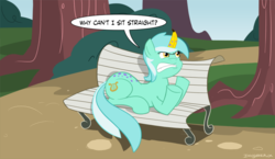 Size: 910x526 | Tagged: dead source, safe, artist:sir-dangereaux, lyra heartstrings, pony, unicorn, g4, a banana for an unicorn's horn, banana, bench, dialogue, female, mare, newbie artist training grounds, photoshop, poison joke, prone, solo, speech bubble