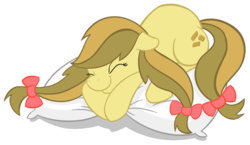 Size: 1624x941 | Tagged: dead source, safe, artist:sir-dangereaux, apple strudely, earth pony, pony, g4, apple family member, bow, eyes closed, female, mare, photoshop, pillow, simple background, sleeping, smiling, solo, transparent background