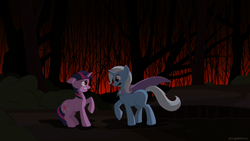 Size: 1920x1080 | Tagged: dead source, safe, artist:sir-dangereaux, trixie, twilight sparkle, pony, unicorn, g4, angry, cape, clothes, dark, duo, eye contact, female, floppy ears, forest, looking at each other, mare, newbie artist training grounds, photoshop, trixie's cape, unicorn twilight, wallpaper