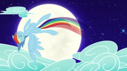 Size: 1920x1080 | Tagged: dead source, safe, artist:sir-dangereaux, rainbow dash, pegasus, pony, g4, cloud, cloudy, eyes closed, female, flying, happy, mare, moon, newbie artist training grounds, night, photoshop, rainbow trail, smiling, solo, wallpaper