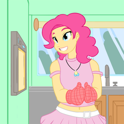 Size: 500x500 | Tagged: safe, artist:atticus83, pinkie pie, human, g4, belly button, clothes, cooking, female, grin, happy, humanized, midriff, oven, oven mitts, photoshop, skirt, smiling, solo