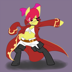 Size: 750x750 | Tagged: safe, artist:atticus83, apple bloom, earth pony, pony, semi-anthro, g4, action pose, arm hooves, bipedal, clothes, eyepatch, female, pirate, scarred, simple background, solo