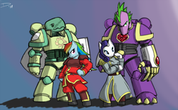 Size: 809x500 | Tagged: safe, artist:atticus83, rainbow dash, rarity, spike, tank, dragon, anthro, unguligrade anthro, g4, anthro pets, armor, clothes, crossover, female, gradient background, male, mare, pet, warhammer (game), warhammer 40k