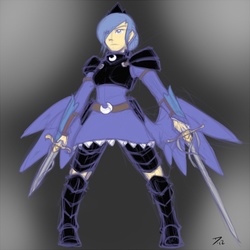 Size: 750x750 | Tagged: safe, artist:atticus83, princess luna, human, g4, armor, dual wield, female, gradient background, humanized, paint tool sai, s1 luna, solo, sword, weapon, winged humanization, wings