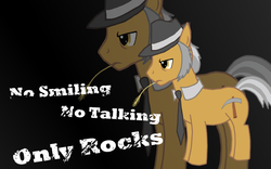 Size: 1440x900 | Tagged: safe, artist:troggle, igneous rock pie, earth pony, pony, g4, black background, hat, male, rock farm, simple background, solo, stallion, text, zoom layer