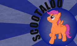 Size: 3000x1800 | Tagged: safe, artist:troggle, scootaloo, pegasus, pony, g4, abstract background, blank flank, female, filly, solo, spread wings, text, wallpaper, wings