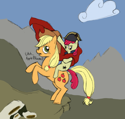 Size: 1542x1467 | Tagged: safe, artist:troggle, apple bloom, applejack, earth pony, pony, g4, apple bloom riding applejack, apple sisters, cape, clothes, costume, female, filly, fine art parody, foal, jacques-louis david, mare, napoleon bonaparte, napoleon crossing the alps, ponies riding ponies, rearing, riding, siblings, sisters