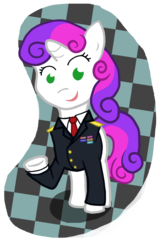 Size: 1280x1984 | Tagged: safe, artist:troggle, sweetie belle, pony, unicorn, g4, abstract background, clothes, costume, cute, female, filly, no pupils, raised hoof, simple background, solo, transparent background, uniform