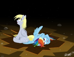 Size: 3300x2550 | Tagged: safe, artist:r-h-maclanahan, derpy hooves, rainbow dash, pegasus, pony, g4, accident, duo, duo female, female, high res, injured, mare, on side, photoshop, sitting