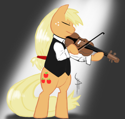 Size: 1083x1032 | Tagged: safe, artist:white-pwny, applejack, earth pony, pony, g4, adobe imageready, bipedal, clothes, eyes closed, female, gradient background, hatless, mare, missing accessory, music, musical instrument, solo, suit, violin