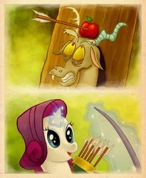 Size: 1200x1463 | Tagged: safe, artist:2snacks, discord, rarity, draconequus, pony, unicorn, g4, 2 panel comic, aiming, apple, archery, arrow, bow (weapon), comic, duo, female, magic, mare, photoshop, quiver, weapon, william tell