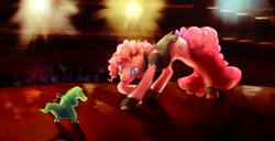 Size: 946x486 | Tagged: safe, artist:explosivegent, artist:noel, gummy, pinkie pie, earth pony, pony, g4, bow, bowing, dapper, female, hat, mare, no pupils, stage, tail bow, top hat