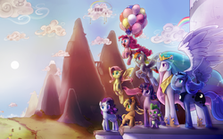Size: 4800x3000 | Tagged: safe, artist:explosivegent, artist:valcron, applejack, fluttershy, pinkie pie, princess celestia, princess luna, rainbow dash, rarity, spike, twilight sparkle, alicorn, dragon, earth pony, pegasus, pony, unicorn, g4, balloon, cloudsdale, female, floating, male, mane seven, mane six, mare, mountain, rainbow, royal sisters, s1 luna, siblings, sisters, then watch her balloons lift her up to the sky