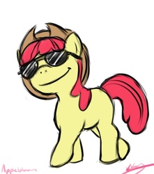 Size: 517x585 | Tagged: safe, artist:bunnimation, apple bloom, earth pony, pony, g4, accessory swap, applejack's hat, cowboy hat, female, filly, hat, photoshop, simple background, smug, solo, sunglasses, white background