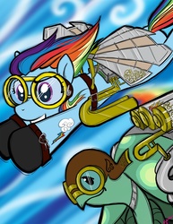 Size: 1275x1650 | Tagged: safe, artist:bunnimation, rainbow dash, tank, pegasus, pony, turtle, artificial wings, augmented, duo, female, flying, goggles, implied amputation, mare, pet, photoshop, steampunk, wings