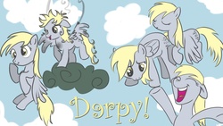 Size: 2128x1200 | Tagged: safe, artist:bunnimation, derpy hooves, pegasus, pony, g4, the last roundup, burnt mane, burnt tail, burnt wings, cloud, cloudy, electrocution, eyes closed, female, floppy ears, flying, happy, hooves, i just don't know what went wrong, injured, mare, messy mane, messy tail, messy wings, on a cloud, open mouth, open smile, photoshop, raised hoof, smiling, solo, spread wings, standing on a cloud, stormcloud, tail, teeth, text, wings, yellow text
