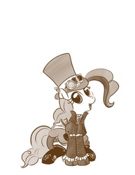 Size: 638x825 | Tagged: safe, artist:bunnimation, pinkie pie, earth pony, pony, clothes, dress, female, goggles, hat, mare, monochrome, photoshop, simple background, sitting, solo, steampunk, top hat, white background